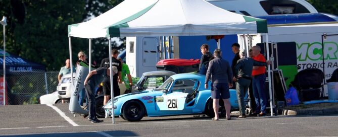 Austin-Healey Sprite 217 at Oulton Park following race preparation and trackside support from MCR