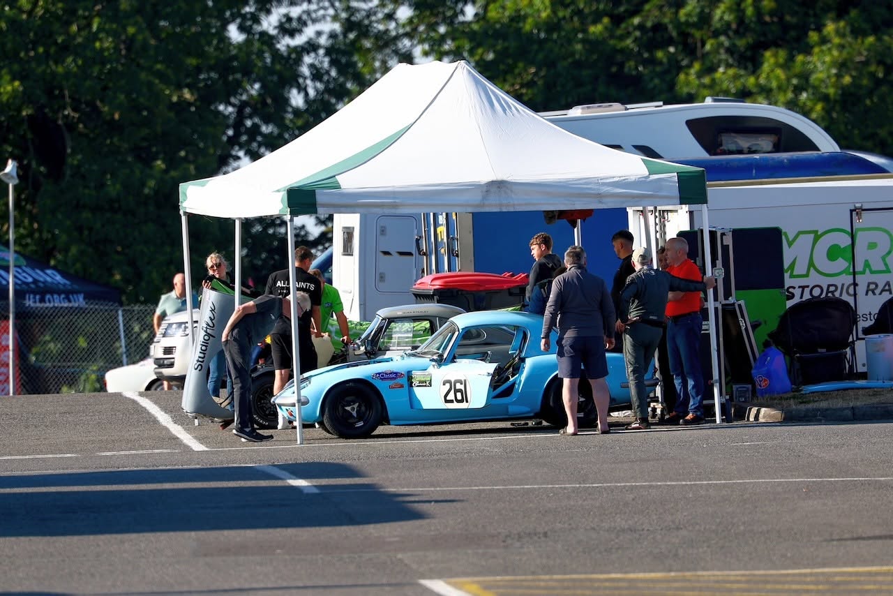 Austin-Healey Sprite 217 at Oulton Park following race preparation and trackside support from MCR