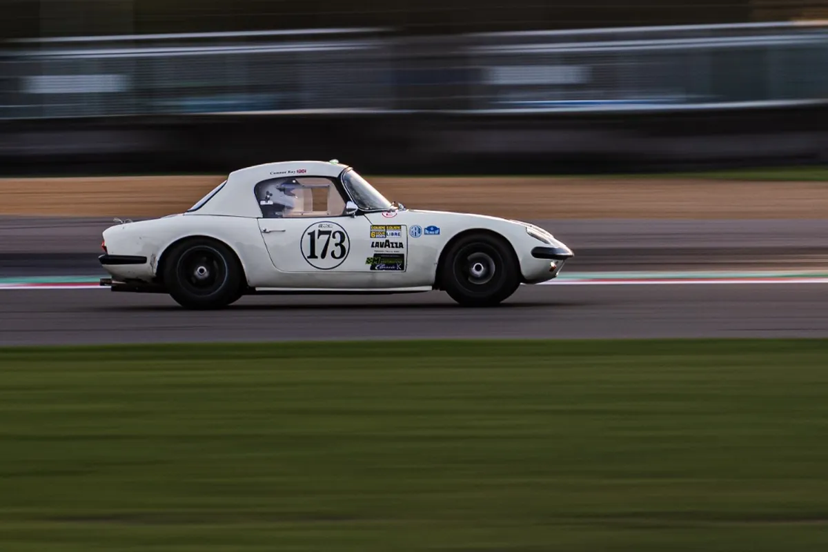 MCR-prepared white Lotus Elan 173 driven by Connor Kay in the Pall Mall Cup at Silverstone