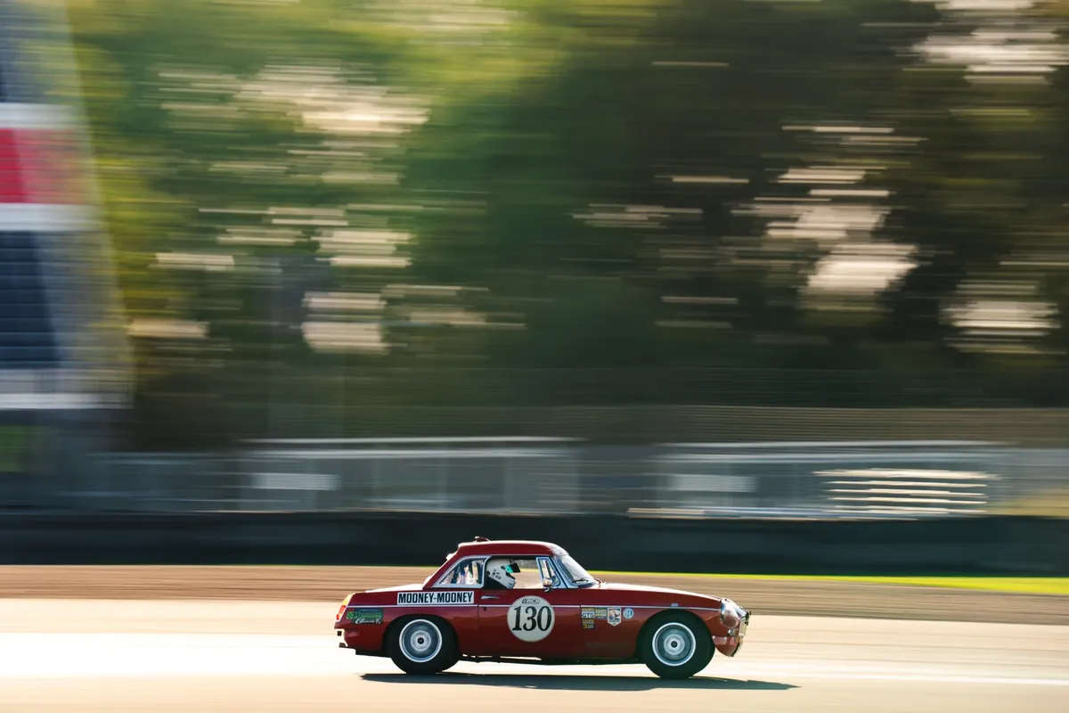Jess and Dom Mooney's MCR MGB 130 in the Motor Racing Legends Generations Trophy at Silverstone