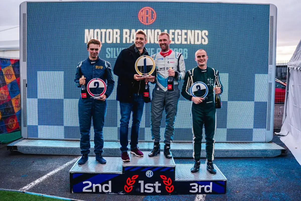 Connor Kay on the Pall Mall Cup podium at Motor Racing Legends Silverstone 2026